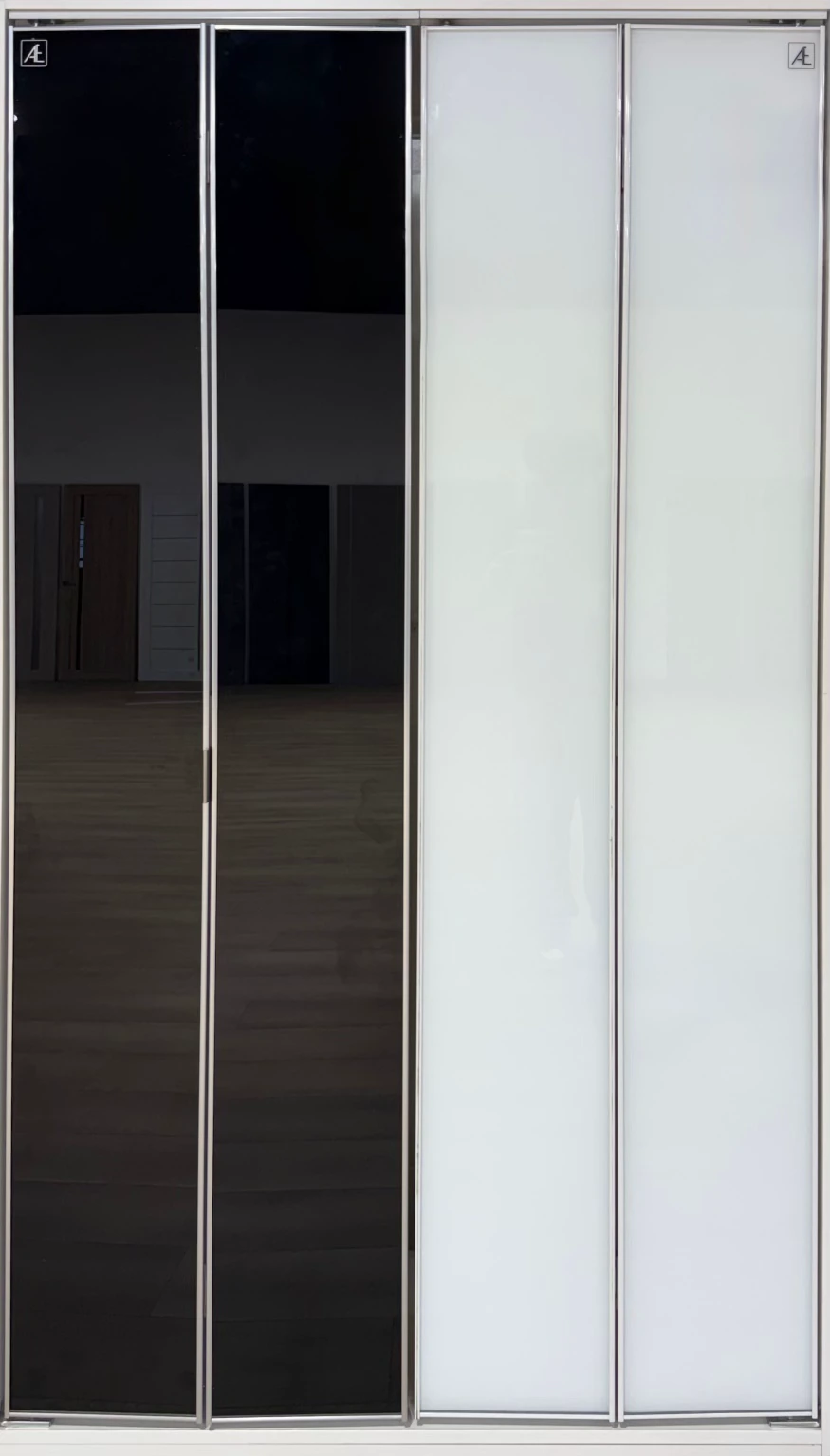 Custom folding closet doors with black mirror and white panels